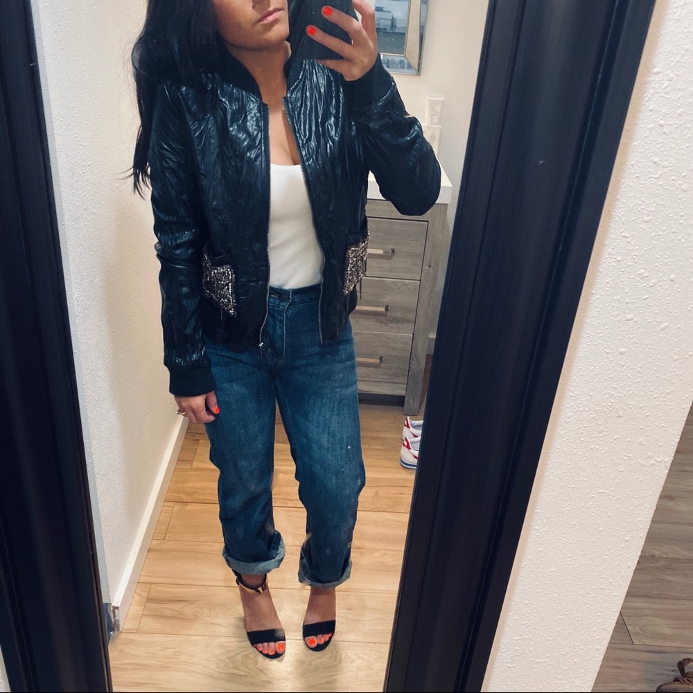 Topshop moto bomber vegan leather bead stud jacket - Picture 1 of 8